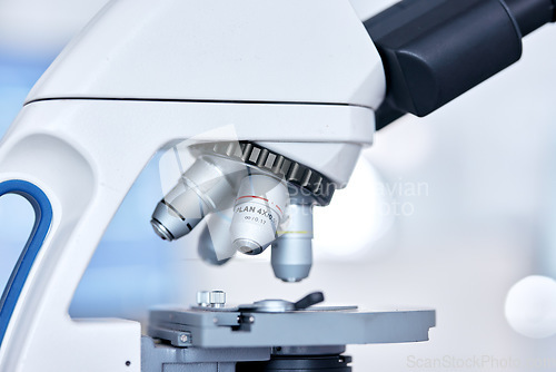 Image of Microscope, science and medical with research, technology and sample with testing, cure and diagnosis. Lab equipment, tools and studying bacteria with healthcare, analytics and scientific experiment