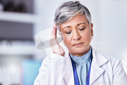 Image of Laboratory scientist, headache or senior woman face with depression over clinic mistake, mental health crisis or anxiety. Pain, migraine or elderly lab person tired after science risk, stress or fail