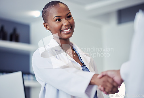 Image of Black woman, scientist and handshake, smile for partnership and science collaboration with introduction in lab. Congratulations, thanks or onboarding with hiring, doctor team shaking hands and trust