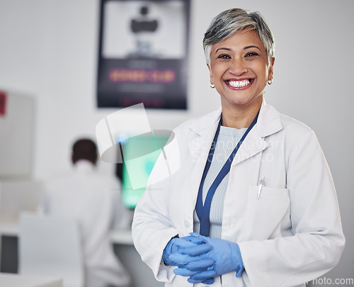 Image of Senior scientist, woman and smile in portrait, medical research and science study in laboratory with confidence. Female doctor, pathology or biotechnology, scientific experiment and investigation