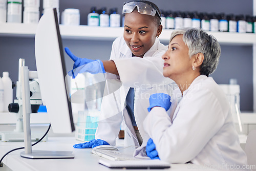 Image of Scientist, team and women in lab, computer with digital science experiment results and medical research data online. Female doctors, collaboration and chemistry, review study information and biotech