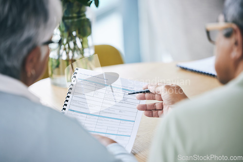 Image of Old couple, mortgage application and documents in home for contract, debt or deed. Elderly man, woman and real estate loan, investment or paperwork for insurance, agreement and property in retirement