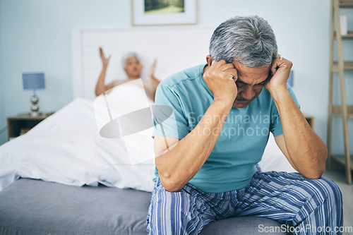 Image of Bed, divorce and senior couple with anxiety, angry and ignore with infidelity, marriage and frustrated. Stress, old man and elderly woman in a bedroom, fight and depression with marital problems