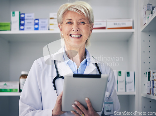 Image of Senior woman, pharmacist and tablet data portrait with medical stock and digital telehealth work. Pharmacy, healthcare store and research with elderly female employee with a smile with information