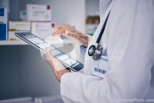 Image of Woman, pharmacist and hands on tablet in medical research, inventory or ecommerce order on pharmacy app. Closeup of person or healthcare professional working on technology for telehealth or checklist