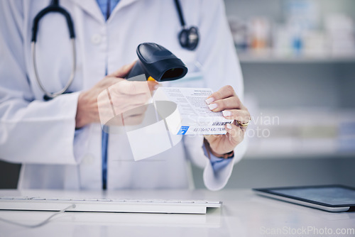 Image of Pharmacist, hands and scanning pills, cashier with woman and pharmacy, digital scanner and stock barcode. Pharmaceutical, tablet box and female person with health, medicine and retail commerce