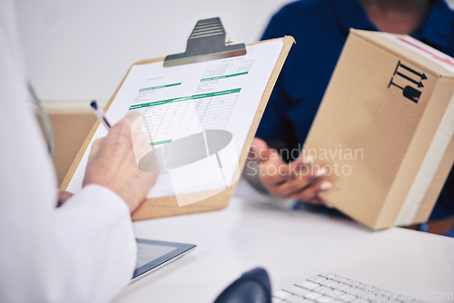 Image of Doctor, delivery and hand with box at pharmacy for signing document with medication or logistics. Healthcare, worker and receive pharmaceutical stock with courier package with service person.