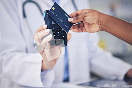 Image of Woman, pharmacist and hands with credit card for payment or electronic purchase on pos at pharmacy. Closeup of female person and customer tap to pay or scan for pharmaceutical medication at drugstore