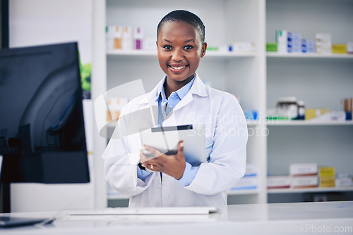 Image of Black woman, tablet and pharmacist with checklist at counter for medicine stock, info and advice on drugs. Digital list, pharmacy and medical professional on online inventory for telehealth at shelf.