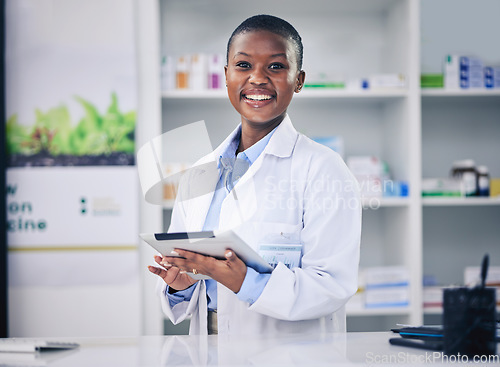 Image of Pharmacy, tablet and black woman with checklist at counter for medicine, information and advice on drugs. Digital list, pharmacist or medical professional with online inventory for telehealth in shop