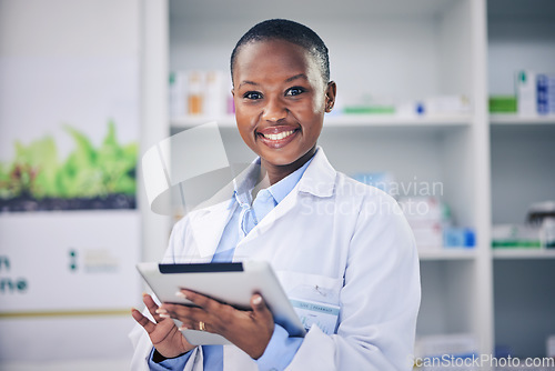 Image of Happy woman, tablet and pharmacist with checklist for stock of medicine, information and advice on drugs. Digital list, pharmacy and African medical professional with online inventory for telehealth.