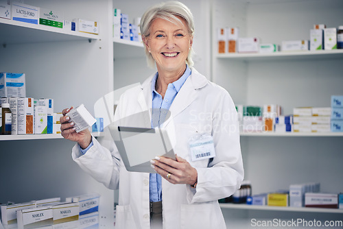 Image of Senior woman, pharmacist stock and tablet portrait with medical work and digital research. Pharmacy, healthcare order and pills with elderly female employee with a smile with telehealth information