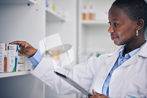 Image of Black woman, tablet and pharmacist with checklist for pills, stock of medicine or information on drugs. Digital list, pharmacy and medical professional with box for online inventory for telehealth.