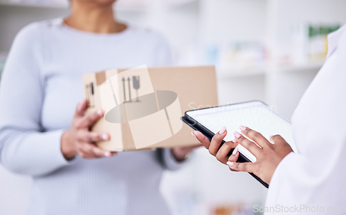 Image of Woman, pharmacist and tablet with box for delivery order, supply chain or logistics at pharmacy. Hands of female person, medical or healthcare professional on technology for pharmaceutical checklist