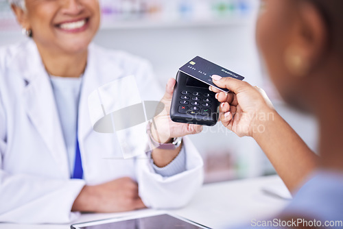 Image of Woman, hands and credit card at pharmacy for payment, tap or scan in electronic purchase or buying. Female person or pharmacist and customer in banking, pay or pharmaceutical transaction at drugstore