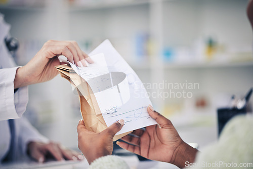 Image of Woman, pharmacist and hands of patient prescription, consultation or quote at the pharmacy. Closeup of female person, medical or healthcare professional giving customer doctors note for diagnosis