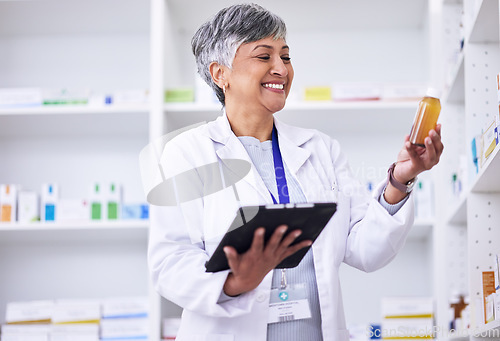 Image of Senior woman, pharmacy and tablet with product, information or inventory of pharmaceutical store or shop for healthcare. Telehealth, mobile app or pharmacist with shelf of medicine, pills or drugs