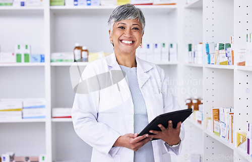 Image of Happy woman, portrait and pharmacist with tablet for inventory inspection or stock at pharmacy. Mature female person smile in medical or healthcare store for pharmaceutical checklist on technology