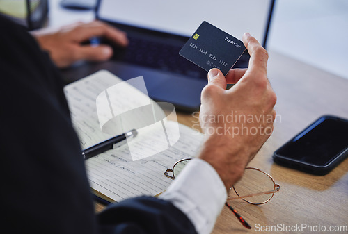 Image of Banking, finance and hands with a credit card and a laptop for an online payment and planning ecommerce. Business, corporate and a man ready to pay while online shopping or using a computer for money