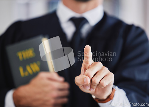 Image of Lawyer, finger and press button for legal justice, ui and service on the internet. Attorney, pointing hand and judge touch technology for decision, choice and click selection on futuristic dashboard