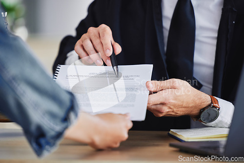 Image of Hands, client and lawyer with paperwork, contract and document for legal advice, application and letter. Closeup of financial advisor, broker and consulting report, documents and reading deal to sign