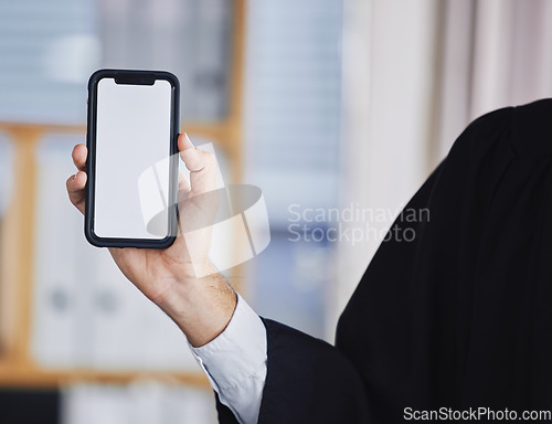 Image of Hand, phone screen and person with online communication, networking or contact us on social media mockup. Mobile app, ui and chroma key for website, information or marketing space on cellphone