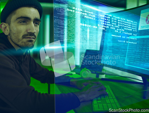 Image of Computer hacker, programming and man with hologram for phishing, scam or cybersecurity software. Reading, dashboard and criminal person with ai info for future ransomware, hacking or coding script