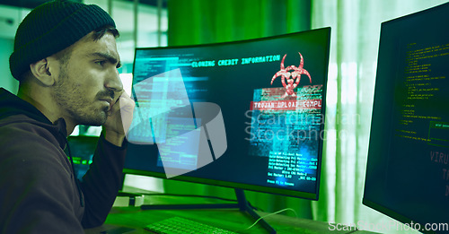 Image of Computer screen, programming or identity theft with hacker man for phishing, scam or financial fraud. Confused, dashboard and criminal person thinking or reading info or password for credit on pc