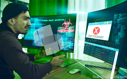 Image of Hacker, fraud and man with credit card at computer for phishing, scam or malware. Confused, neon dashboard and criminal person reading error information or mistake for theft with pc hologram