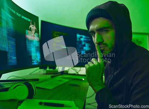 Image of Computer hacker, neon and portrait of a man with secret for hacking, phishing or cybersecurity software. Dark, finger on lips and person with information on pc for ransomware, privacy or programming