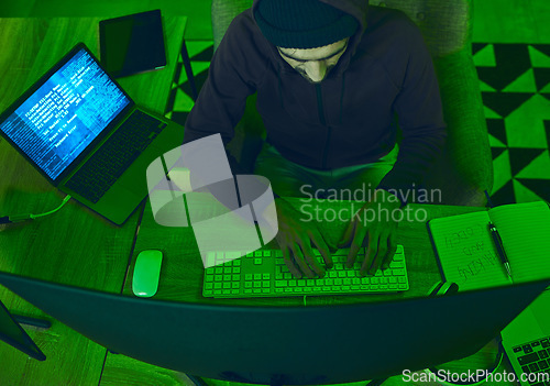 Image of Cybersecurity, crime and man programming from above in neon office with code, fraud and hacking. Software, ransomware and web hacker on cyber attack, password thief coding online scam and computer.