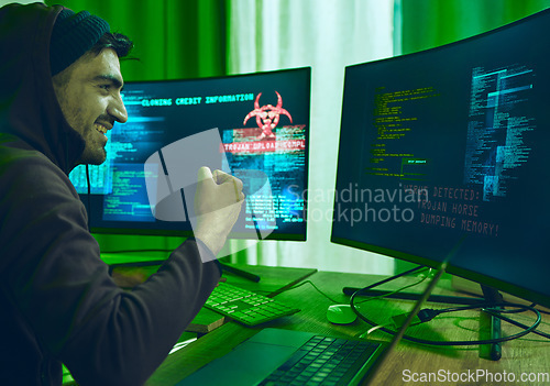 Image of Cybersecurity, crime and happy man programming in neon office with code, fraud and hacking with hoodie. Software, ransomware and hacker on cyber attack, password thief coding online scam and success.