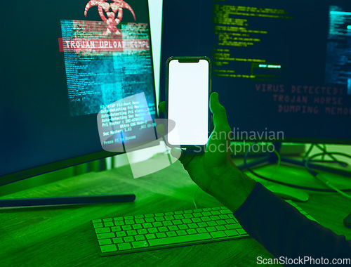 Image of Computer, phone or hands with mockup for hacking, software programming or cybersecurity. Information technology, screen on mobile app or hacker on dark web for big data, update or web design at night