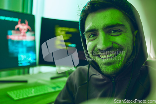 Image of Cybersecurity, crime and smile, portrait of hacker in neon office with code, fraud and virus. Software, ransomware and face of happy man on cyber attack, password thief and online scam with computer.