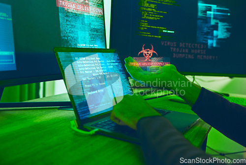 Image of Cybersecurity, crime and hands of hacker with virus in neon office with code, fraud and danger. Software, ransomware and web programmer on cyber attack, password thief coding online scam and hacking.