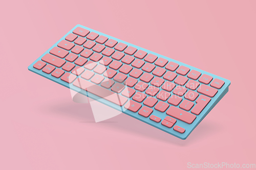 Image of Blue wireless computer keyboard with pink keys