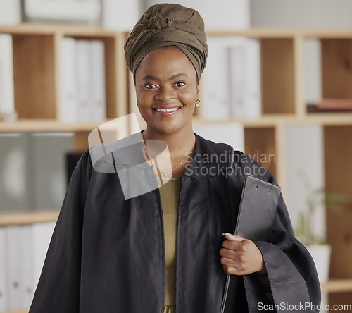 Image of Happy, lawyer and black woman in portrait with confidence legal agency with empowerment. Smile, positive and african female attorney at company or law firm with pride as advocate for justice.