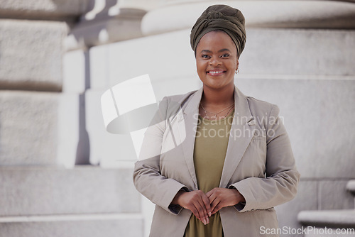 Image of Happiness, lawyer and black woman in city with confidence or vision for empowerment. Portrait, positive and african female attorney with smile for career in outside courtroom for justice as attorney.