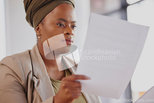 Image of Lawyer, contract or black woman reading documents, notes or will policy for analysis or review in office. Learning, person or attorney with paperwork forms or legal agreement with deal or feedback