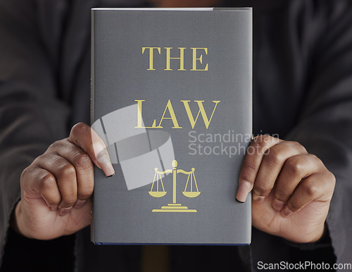 Image of Hands, woman or judge with book, constitution research or education for learning the justice system. Lawyer, advocate or closeup of attorney studying knowledge, guide or information for legal agency