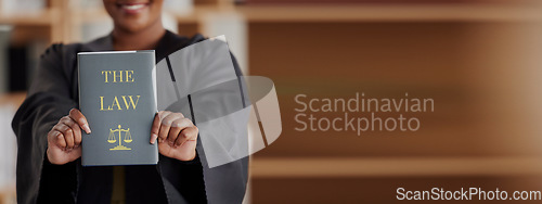 Image of Hands, banner or judge with book, constitution research or education for learning the justice system. Lawyer, advocate or closeup of attorney studying legal knowledge or court info with mockup space