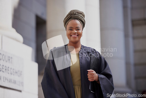 Image of Black woman, portrait and judge at the court for justice, empowerment and confidence of leader in law, jury or success in case. Happy, African lawyer and working at office, building or courthouse