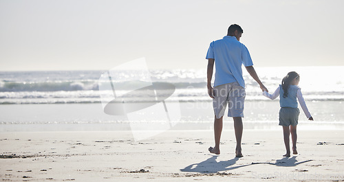 Image of Beach, holding hands and dad and kid walking for outdoor wellness, nature freedom and fresh air on Brazil holiday. Ocean sea water, mockup view and back of family, father and youth child bonding