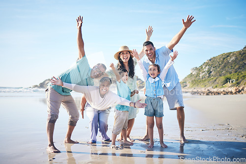 Image of Beach, arms and portrait of excited family with kids for holiday, vacation and adventure by sea. Grandparents, travel and happy mom, dad and children by ocean for bonding, quality time and relaxing