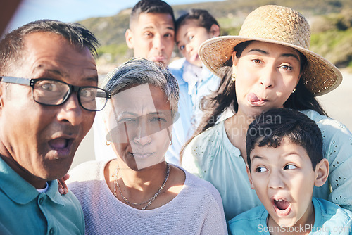 Image of Selfie, funny and portrait with family on vacation for bonding with children in summer in outdoor. Face, love and silly with kids or parents and senior people on holiday for quality time on beach.