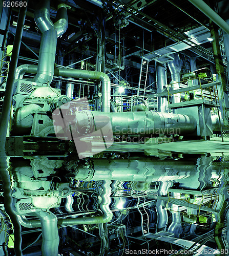 Image of Pipes, tubes, machinery and steam turbine at a power plant with 