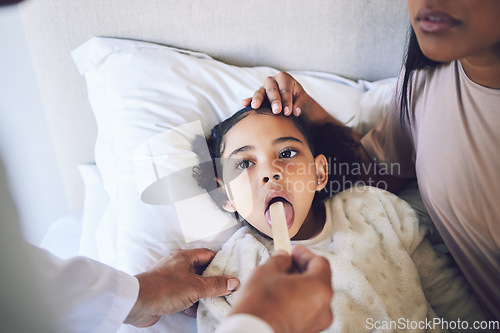 Image of Doctor, exam and sick child with mother in a bedroom for a consultation, health check or help. Morning, house and a medic with inspection of a girl kid for healthcare, throat or mouth flu with a mom