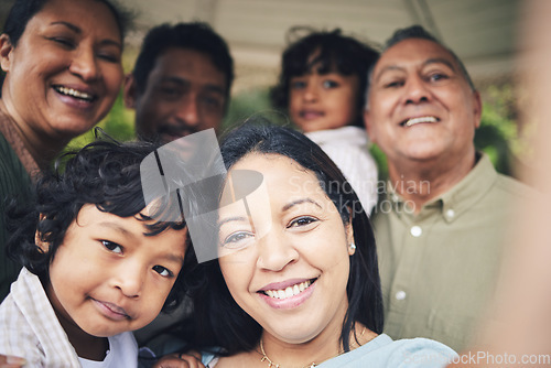 Image of Face, selfie and big family smile outdoor taking photo for happy memory, social media or profile picture. Portrait, grandparents and mother, father and children, bonding and enjoying quality time.