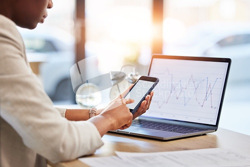 Image of Laptop screen, phone and man for stock market, data analytics, lines and graphs in financial increase. Finance statistics, mobile analysis and entrepreneur or person on computer for business research