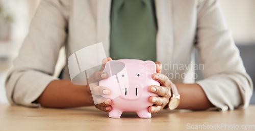 Image of Savings, piggy bank and investment with hands of woman in office for money, future and accounting. Cash growth, planning and banking with closeup of person for finance, budget and payment